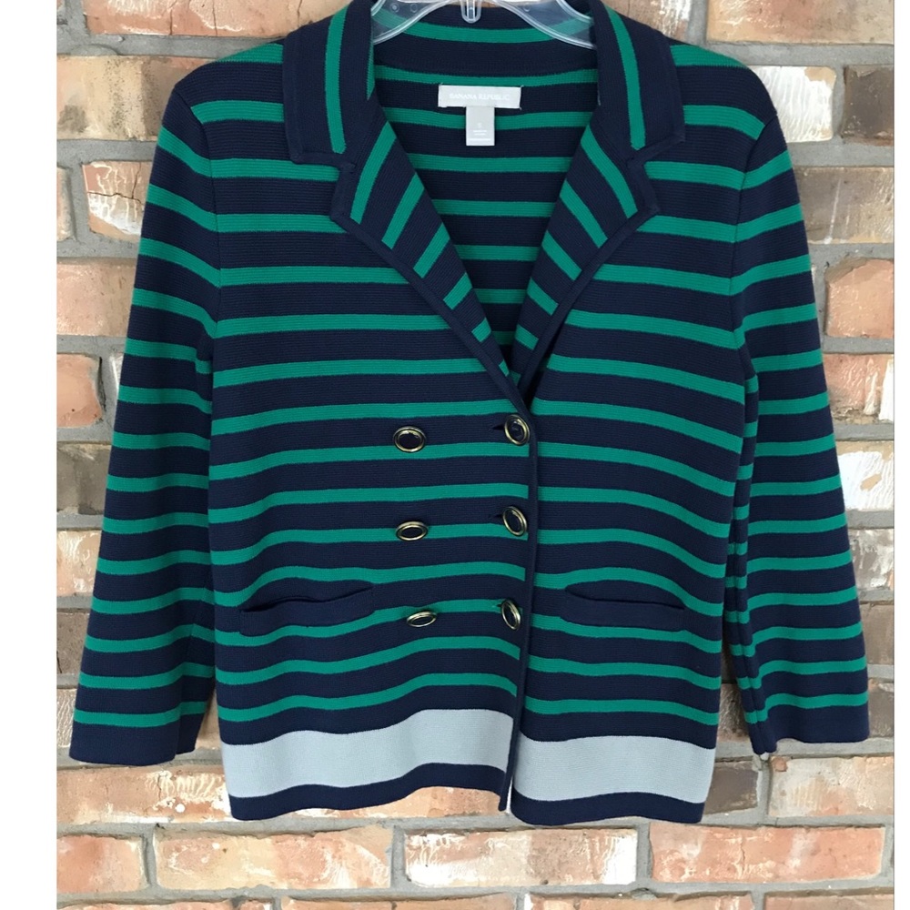 Banana Republic Women’s Blue and Green Striped Button Down Blazer  Small